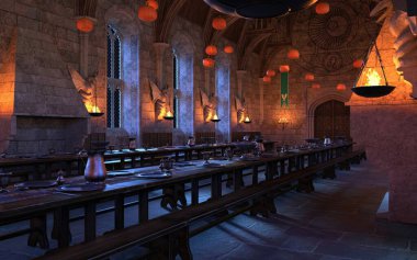 Yüzen balkabaklarıyla 3 boyutlu hayali büyülü şato salonu 