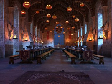 Yüzen balkabaklarıyla 3 boyutlu hayali büyülü şato salonu 