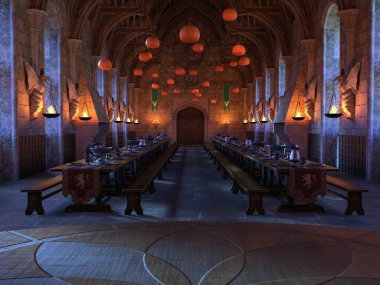 Yüzen balkabaklarıyla 3 boyutlu hayali büyülü şato salonu 