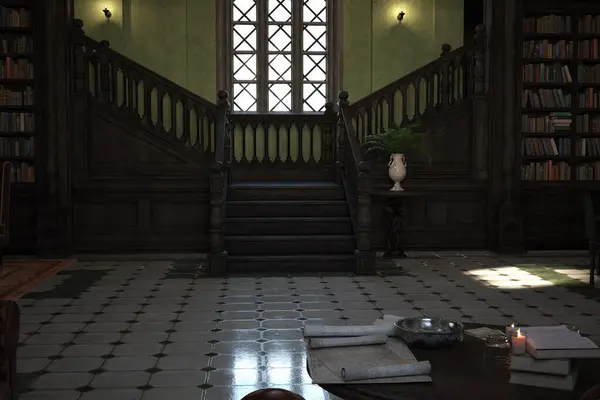 Eski siyah ahşap merdivenleri olan karanlık klasik malikane 