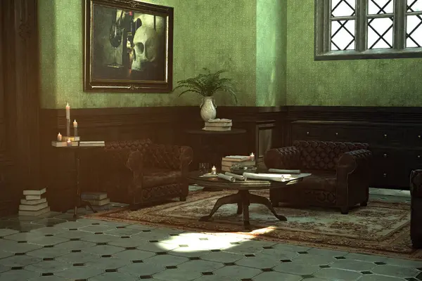 Deri koltuklu klasik yeşil oturma odası. 