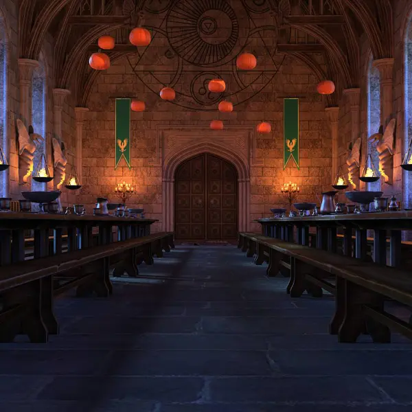 Yüzen balkabaklarıyla 3 boyutlu hayali büyülü şato salonu 