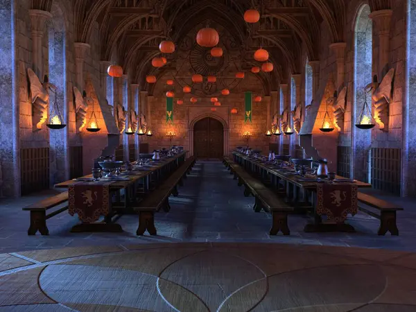 Yüzen balkabaklarıyla 3 boyutlu hayali büyülü şato salonu 