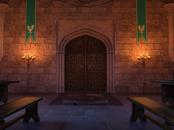 3 boyutlu ortaçağ şatosunun iç kapısı şamdanlarla döşenmiş.  