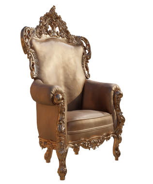 Şeffaf arkaplanda izole edilmiş altın detayları olan 3 boyutlu klasik koltuk