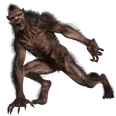 Şeffaf arkaplanda 3 boyutlu kahverengi kurt adam izole edilmiş.