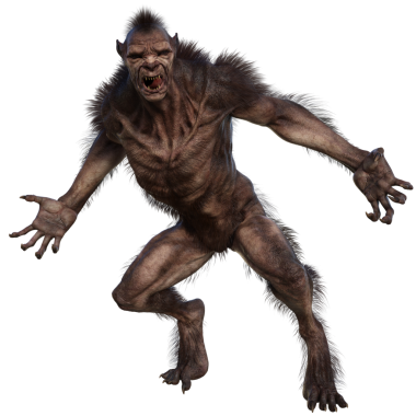 Şeffaf arkaplanda 3 boyutlu kahverengi kurt adam izole edilmiş.