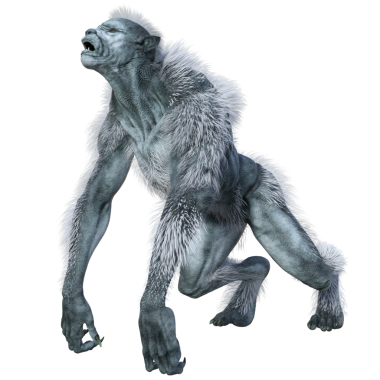 Üç boyutlu beyaz kurtadam canavarı şeffaf arka planda izole edilmiş.