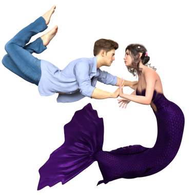 Bir denizkızı ve şeffaf arka planda izole edilmiş kot pantolon giyen bir adamla üç boyutlu bir çift.