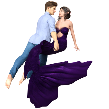 Bir denizkızı ve şeffaf arka planda izole edilmiş kot pantolon giyen bir adamla üç boyutlu bir çift.