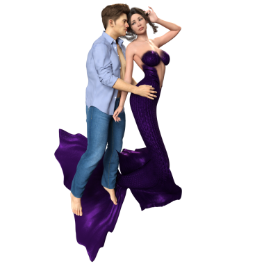 Bir denizkızı ve şeffaf arka planda izole edilmiş kot pantolon giyen bir adamla üç boyutlu bir çift.