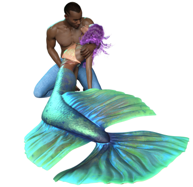 Bir denizkızı ve şeffaf arka planda izole edilmiş kot pantolon giyen bir adamla üç boyutlu bir çift.