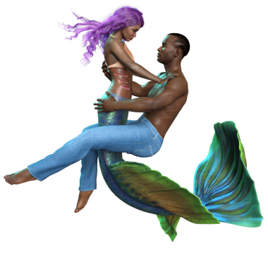 Bir denizkızı ve şeffaf arka planda izole edilmiş kot pantolon giyen bir adamla üç boyutlu bir çift.