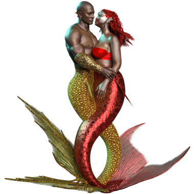 3 boyutlu çift, deniz kızı ve deniz adamı, şeffaf arka planda izole edilmiş romantik bir pozda.