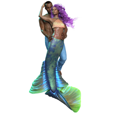 Bir denizkızı ve şeffaf arka planda izole edilmiş kot pantolon giyen bir adamla üç boyutlu bir çift.