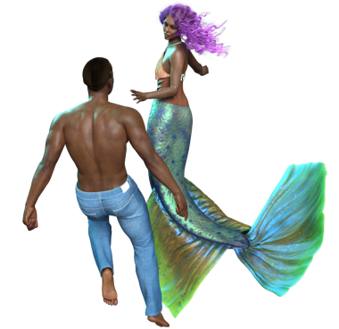 Bir denizkızı ve şeffaf arka planda izole edilmiş kot pantolon giyen bir adamla üç boyutlu bir çift.