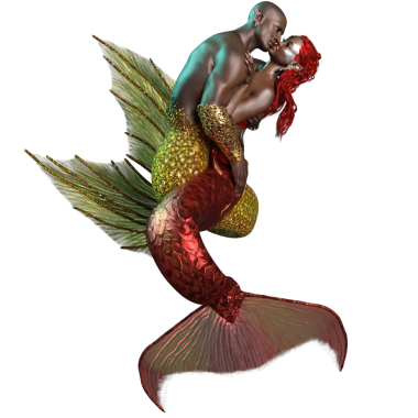 3 boyutlu çift, deniz kızı ve deniz adamı, şeffaf arka planda izole edilmiş romantik bir pozda.