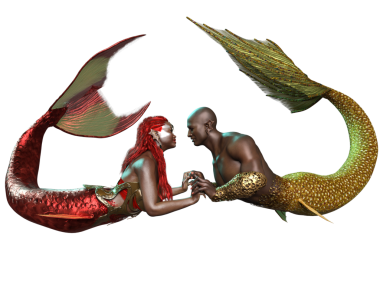 3 boyutlu çift, deniz kızı ve deniz adamı, şeffaf arka planda izole edilmiş romantik bir pozda.