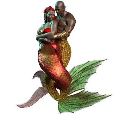 3 boyutlu çift, deniz kızı ve deniz adamı, şeffaf arka planda izole edilmiş romantik bir pozda.