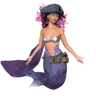 Mor renkli parlak kuyruklu 3D denizkızı ve şeffaf arka planda izole edilmiş bir korsan gibi giyinmiş gümüş bir bikini.