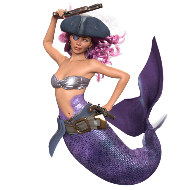 Mor renkli parlak kuyruklu 3D denizkızı ve şeffaf arka planda izole edilmiş bir korsan gibi giyinmiş gümüş bir bikini.