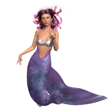 Mor renkli parlak kuyruklu 3D denizkızı ve şeffaf arkaplanda izole edilmiş gümüş bir bikini.