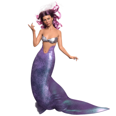 Mor renkli parlak kuyruklu 3D denizkızı ve şeffaf arkaplanda izole edilmiş gümüş bir bikini.