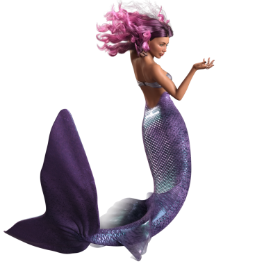 Mor renkli parlak kuyruklu 3D denizkızı ve şeffaf arkaplanda izole edilmiş gümüş bir bikini.