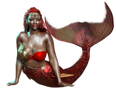 3 boyutlu, kızıl yanardöner kuyruklu bir denizkızı ve şeffaf arkaplanda izole edilmiş altın bir zırh.