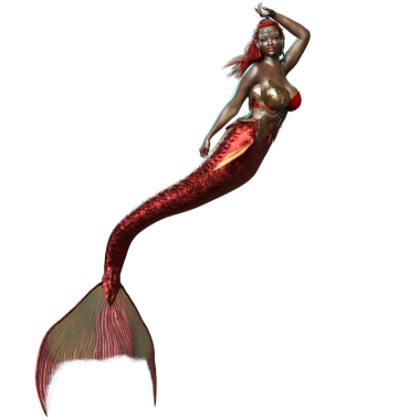 3 boyutlu, kızıl yanardöner kuyruklu bir denizkızı ve şeffaf arkaplanda izole edilmiş altın bir zırh.