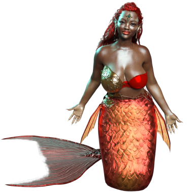 3 boyutlu, kızıl yanardöner kuyruklu bir denizkızı ve şeffaf arkaplanda izole edilmiş altın bir zırh.