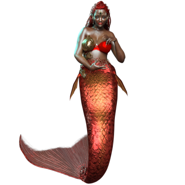 3 boyutlu, kızıl yanardöner kuyruklu bir denizkızı ve şeffaf arkaplanda izole edilmiş altın bir zırh.