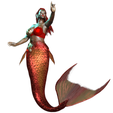 3 boyutlu, kızıl yanardöner kuyruklu bir denizkızı ve şeffaf arkaplanda izole edilmiş altın bir zırh.