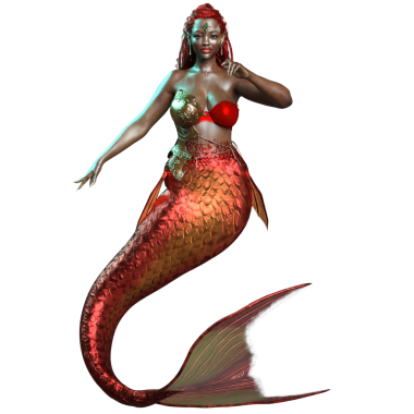 3 boyutlu, kızıl yanardöner kuyruklu bir denizkızı ve şeffaf arkaplanda izole edilmiş altın bir zırh.