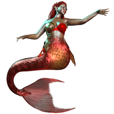 3 boyutlu, kızıl yanardöner kuyruklu bir denizkızı ve şeffaf arkaplanda izole edilmiş altın bir zırh.