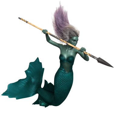 3 boyutlu karanlık fantezi denizkızı. Mızrağı şeffaf bir arka planda.