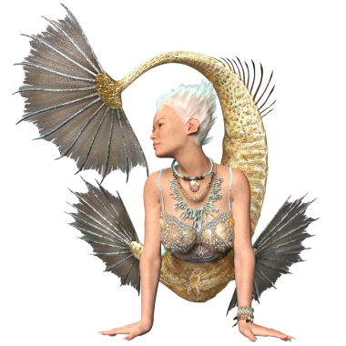 Saydam arkaplanda dikenli yüzgeçleri ve kuyruğu olan 3 boyutlu denizkızı.