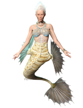 Saydam arkaplanda dikenli yüzgeçleri ve kuyruğu olan 3 boyutlu denizkızı.