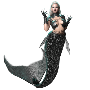 3D, karanlık gotik denizkızı zırhlı ve siyah kuyruklu şeffaf arka planda izole edilmiş.