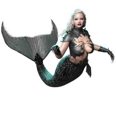 3D, karanlık gotik denizkızı zırhlı ve siyah kuyruklu şeffaf arka planda izole edilmiş.