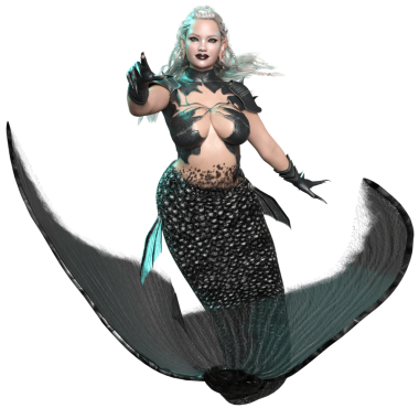 3D, karanlık gotik denizkızı zırhlı ve siyah kuyruklu şeffaf arka planda izole edilmiş.