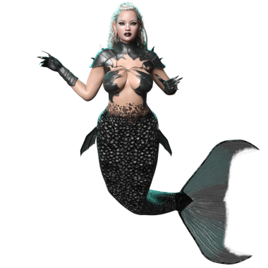 3D, karanlık gotik denizkızı zırhlı ve siyah kuyruklu şeffaf arka planda izole edilmiş.