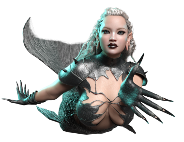 3D, karanlık gotik denizkızı zırhlı ve siyah kuyruklu şeffaf arka planda izole edilmiş.