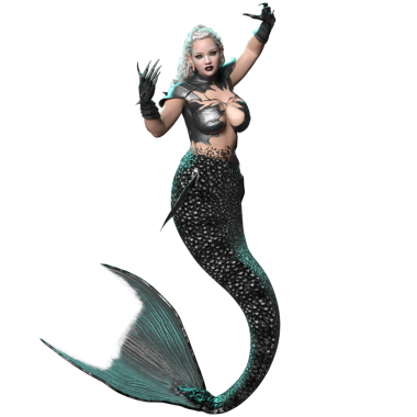 3D, karanlık gotik denizkızı zırhlı ve siyah kuyruklu şeffaf arka planda izole edilmiş.