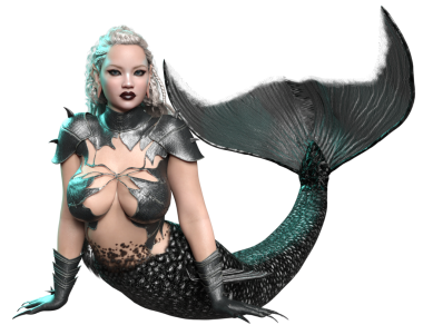 3D, karanlık gotik denizkızı zırhlı ve siyah kuyruklu şeffaf arka planda izole edilmiş.