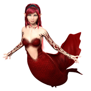 3 boyutlu, kızıl saçlı ve şeffaf arka planda izole edilmiş kırmızı yanardöner kuyruklu deniz kızı.