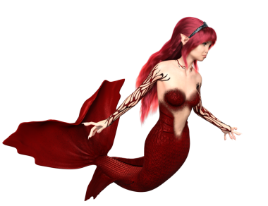 3 boyutlu, kızıl saçlı ve şeffaf arka planda izole edilmiş kırmızı yanardöner kuyruklu deniz kızı.