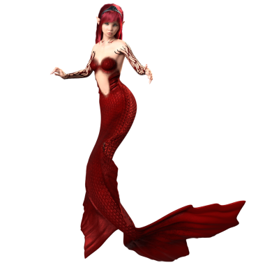 3 boyutlu, kızıl saçlı ve şeffaf arka planda izole edilmiş kırmızı yanardöner kuyruklu deniz kızı.