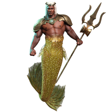 3D denizadamı kralı altın zırhlı ve tacında şeffaf arka planda izole edilmiş bir mızrak var.