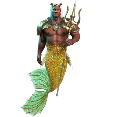 3D denizadamı kralı altın zırhlı ve tacında şeffaf arka planda izole edilmiş bir mızrak var.